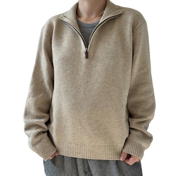 Vintage 1990s Polo Ralph Lauren Tan 100% Lambswool Quarter Zip Oversized Sweater - Picture 4 of 6
